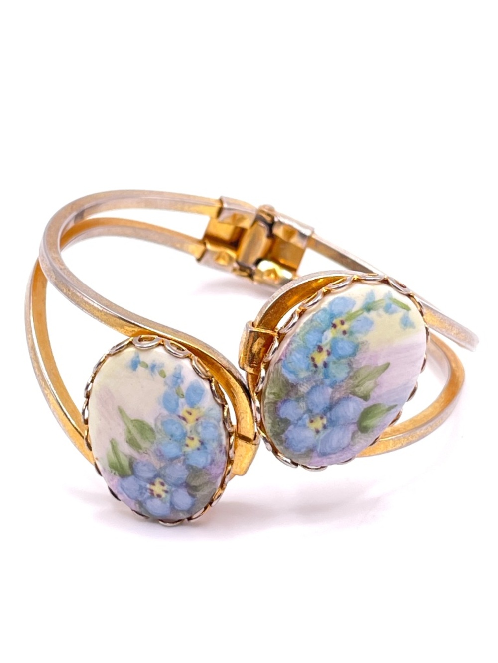 Vintage Hand Painted Forget Me Not Porcelain Gold Tone Bypass Clamper Bracelet